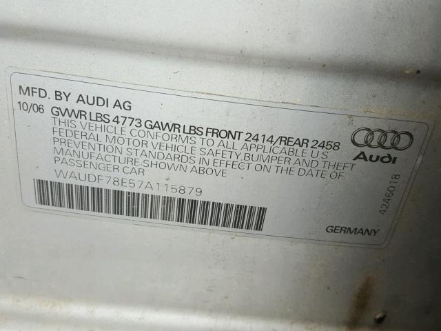 WAUDF78E57A115879 - 2007 AUDI A4 2.0T QU SILVER photo 10