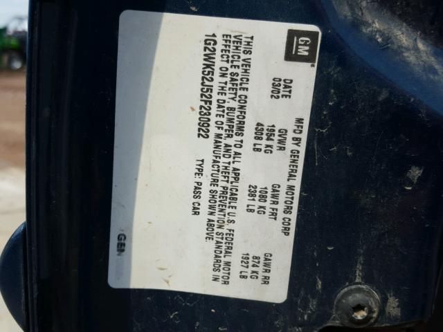 1G2WK52J52F230922 - 2002 PONTIAC GRAND PRIX TEAL photo 10