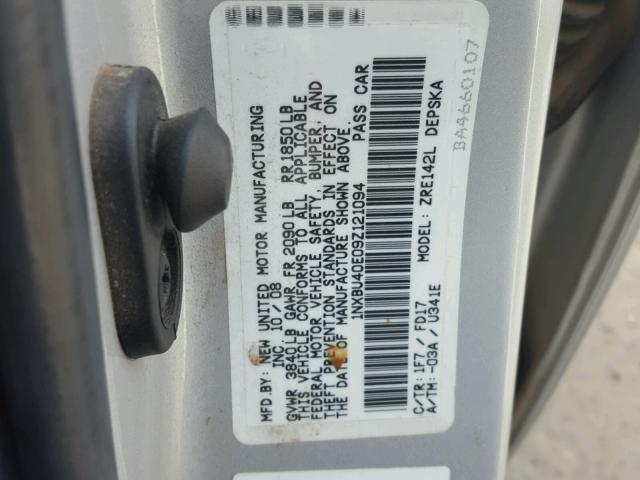 1NXBU40E09Z121094 - 2009 TOYOTA COROLLA BA GRAY photo 10