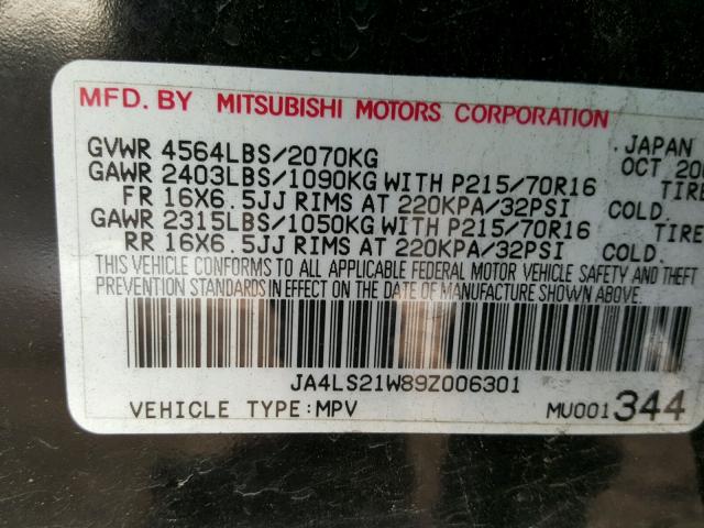 JA4LS21W89Z006301 - 2009 MITSUBISHI OUTLANDER BLACK photo 10