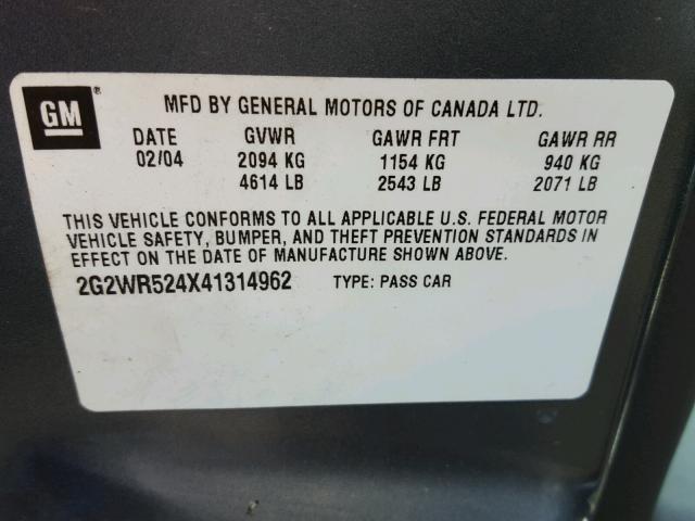 2G2WR524X41314962 - 2004 PONTIAC GRAND PRIX 绿色 照片 10