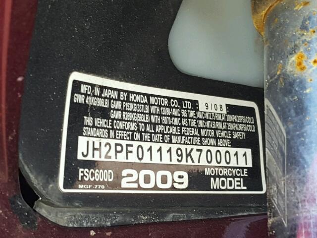 JH2PF01119K700011 - 2009 HONDA FSC600 D MAROON photo 10