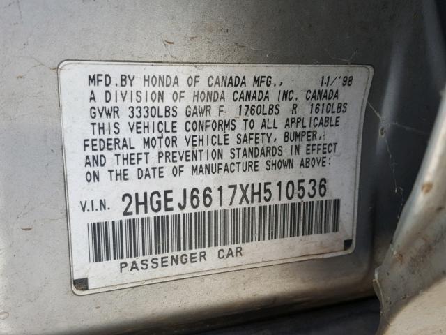 2HGEJ6617XH510536 - 1999 HONDA CIVIC BASE 银色 照片 10