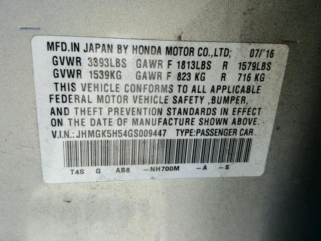 JHMGK5H54GS009447 - 2016 HONDA FIT LX SILVER photo 10