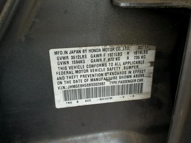 JHMGE8H58BS002082 - 2011 HONDA FIT SPORT CHARCOAL photo 10