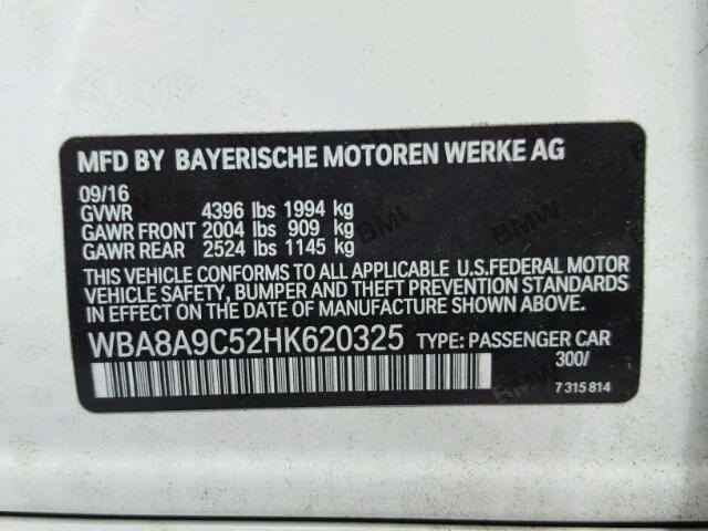 WBA8A9C52HK620325 - 2017 BMW 320 I WHITE photo 10