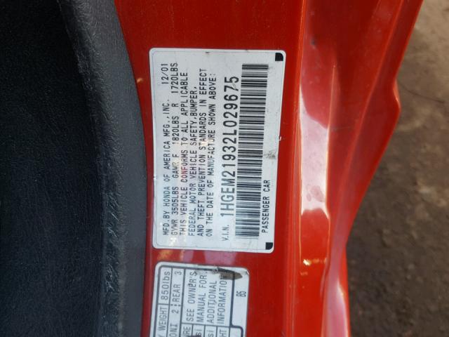 1HGEM21932L029675 - 2002 HONDA CIVIC EX RED photo 10
