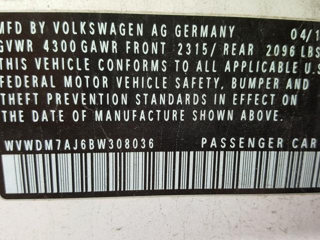 WVWDM7AJ6BW308036 - 2011 VOLKSWAGEN GOLF WHITE photo 10