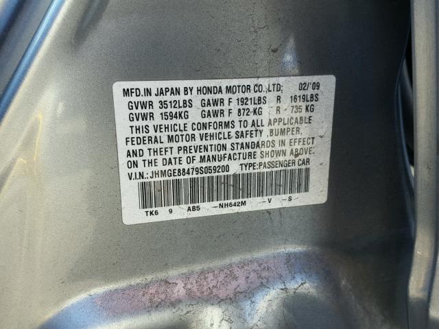 JHMGE88479S059200 - 2009 HONDA FIT SPORT SILVER photo 10