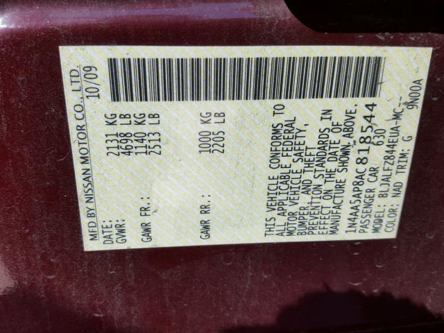 1N4AA5AP8AC818544 - 2010 NISSAN MAXIMA S MAROON photo 10