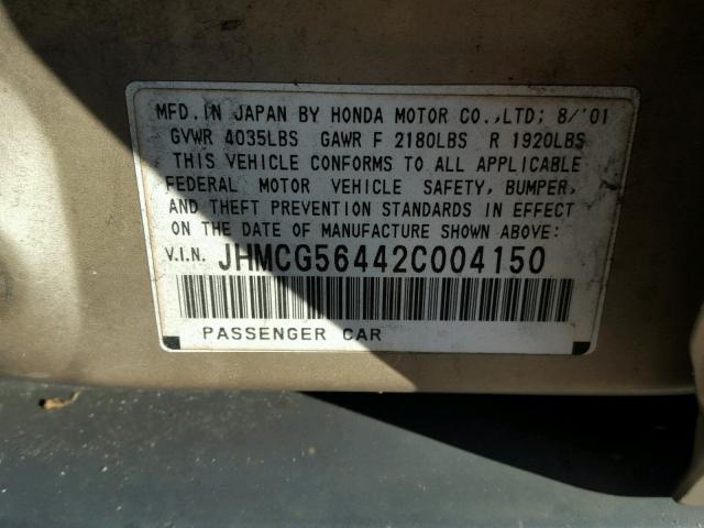 JHMCG56442C004150 - 2002 HONDA ACCORD LX GOLD photo 10