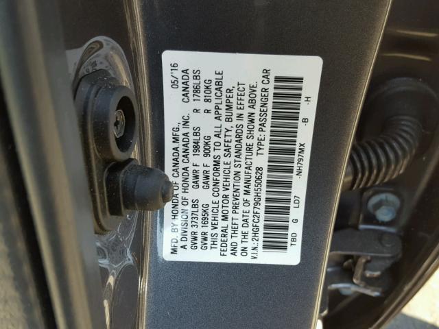 2HGFC2F79GH550628 - 2016 HONDA CIVIC EX GRAY photo 10