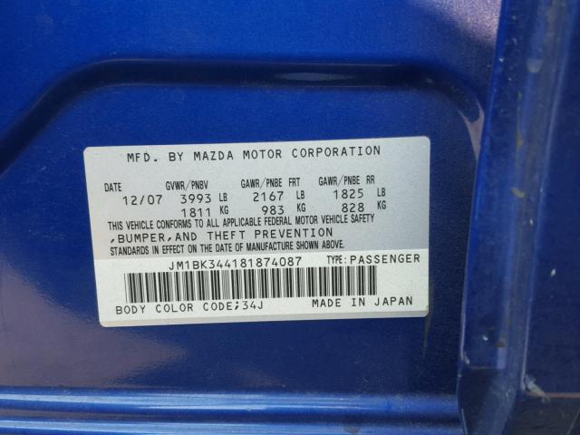 JM1BK344181874087 - 2008 MAZDA 3 HATCHBAC BLUE photo 10