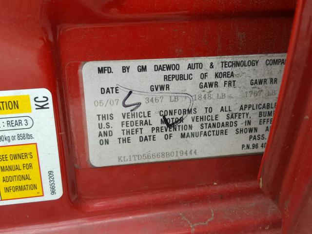 KL1TD56668B019444 - 2008 CHEVROLET AVEO BASE Կարմիր լուսանկար 10