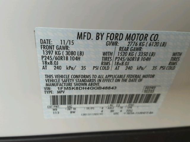 1FM5K8DH4GGB48843 - 2016 FORD EXPLORER X WHITE photo 10