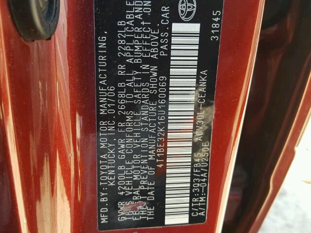 4T1BE32K16U160069 - 2006 TOYOTA CAMRY LE მუქწითელი ფოტო 10