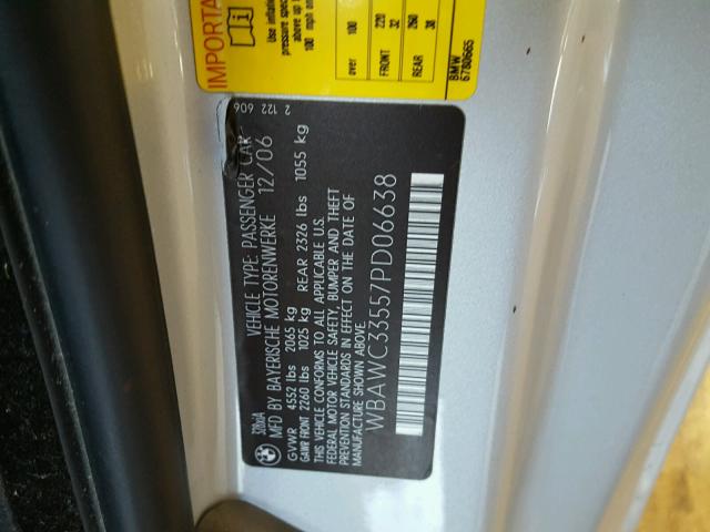 WBAWC33557PD06638 - 2007 BMW 328 GRAY photo 10