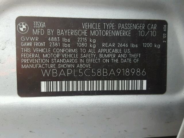 WBAPL5C58BA918986 - 2011 BMW 335 SILVER photo 10