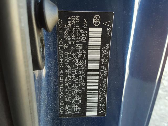 JTKDE167780254984 - 2008 TOYOTA SCION TC BLUE photo 10