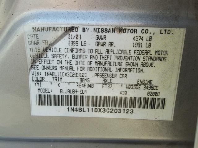 1N4BL11DX3C203123 - 2003 NISSAN ALTIMA SE SILVER photo 10