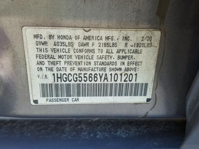 1HGCG5566YA101201 - 2000 HONDA ACCORD EX GRAY photo 10