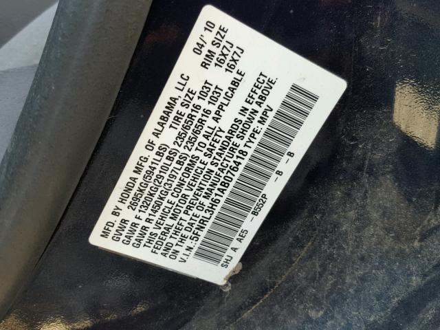 5FNRL3H61AB076418 - 2010 HONDA ODYSSEY BLUE photo 10