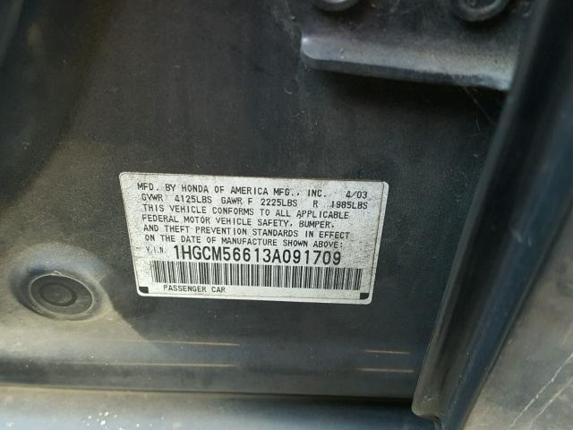 1HGCM56613A091709 - 2003 HONDA ACCORD CHARCOAL photo 10