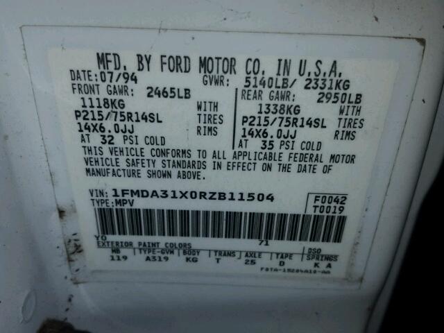 1FMDA31X0RZB11504 - 1994 FORD AEROSTAR WHITE photo 10