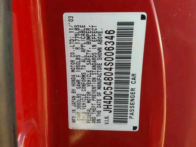 JH4DC54804S006346 - 2004 ACURA RSX RED photo 10