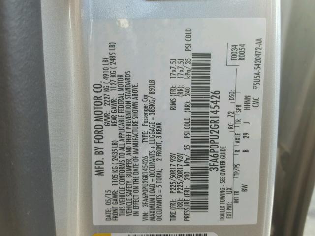 3FA6P0PU2GR145426 - 2016 FORD FUSION SE SILVER photo 10