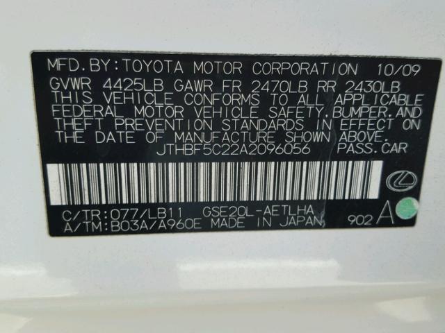 JTHBF5C22A2096056 - 2010 LEXUS IS 250 WHITE photo 10