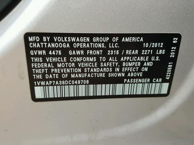 1VWAP7A38DC049708 - 2013 VOLKSWAGEN PASSAT S فضي صورة 10