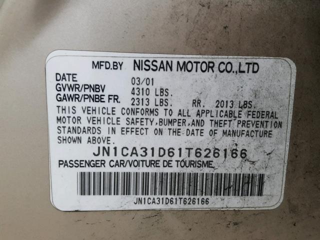 JN1CA31D61T626166 - 2001 NISSAN MAXIMA GXE TAN photo 10