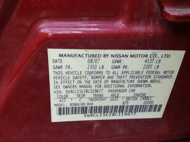 1N4CL21E28C119677 - 2008 NISSAN ALTIMA HYB RED photo 10