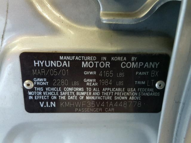 KMHWF35V41A448778 - 2001 HYUNDAI SONATA GLS SILVER photo 10