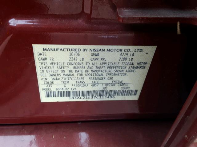 1N4AL21E37C115496 - 2007 NISSAN ALTIMA RED photo 10