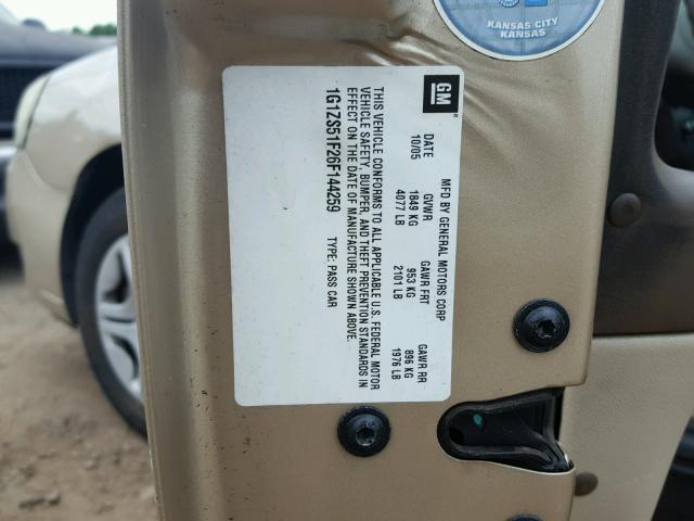 1G1ZS51F26F144259 - 2006 CHEVROLET MALIBU LS ოქროსფერი ფოტო 10