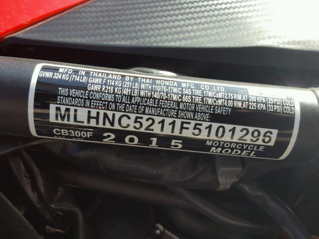 MLHNC5211F5101296 - 2015 HONDA CB300 F RED photo 10