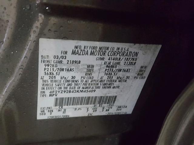 4F2YZ92B43KM45409 - 2003 MAZDA TRIBUTE DX 灰色 照片 10