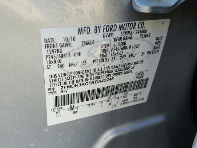 2FMDK3KC1BBA43246 - 2011 FORD EDGE LIMIT SILVER photo 10