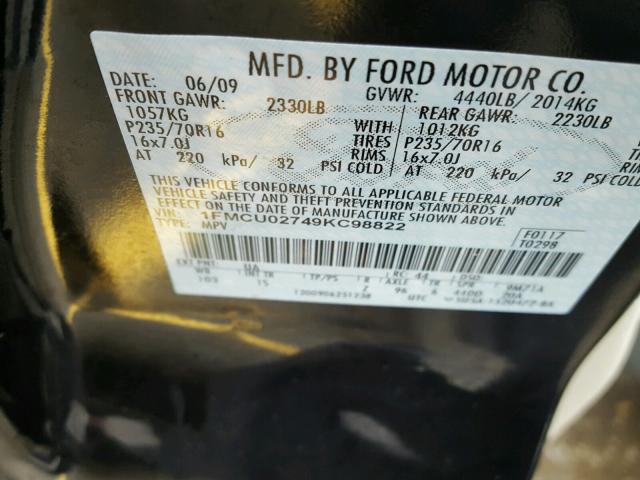 1FMCU02749KC98822 - 2009 FORD ESCAPE XLS BLACK photo 10