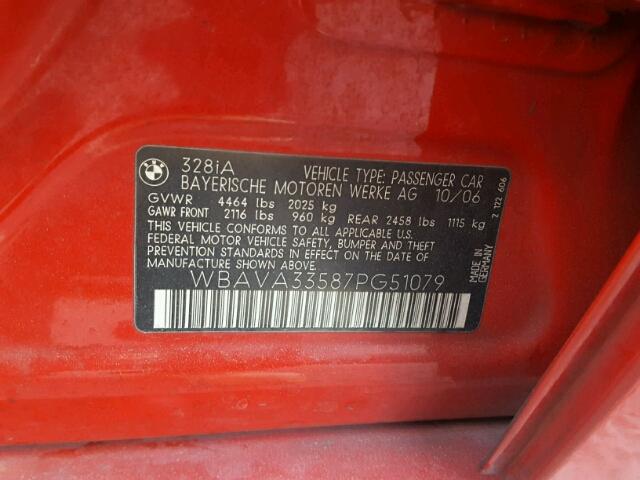 WBAVA33587PG51079 - 2007 BMW 328 I RED photo 10