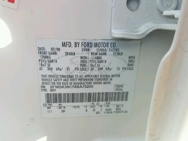 2FMDK39C78BA75200 - 2008 FORD EDGE WHITE photo 10