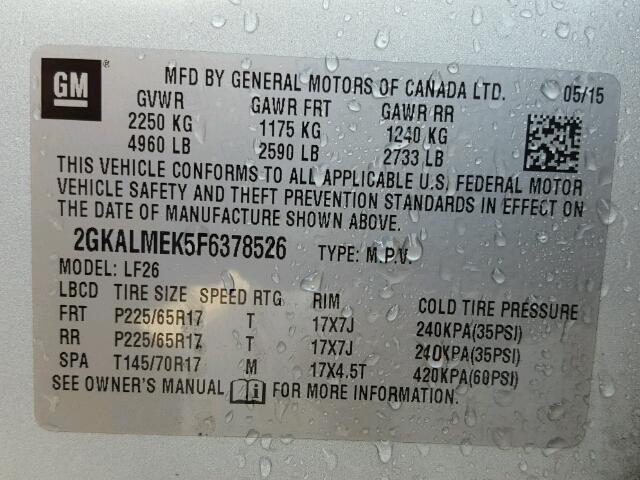 2GKALMEK5F6378526 - 2015 GMC TERRAIN SILVER photo 10