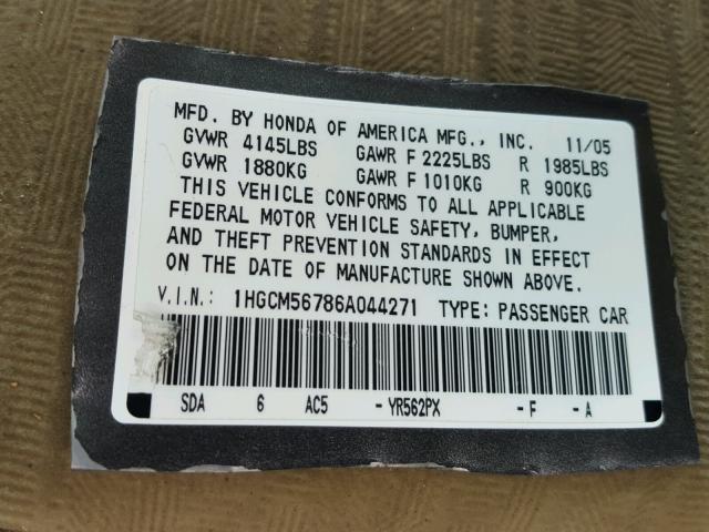 1HGCM56786A044271 - 2006 HONDA ACCORD EX 灰色 照片 10