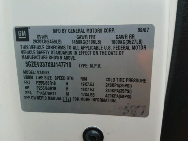 5GZEV337X8J147710 - 2008 SATURN OUTLOOK WHITE photo 10