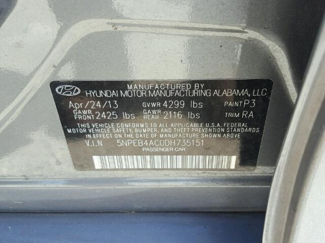 5NPEB4AC0DH735151 - 2013 HYUNDAI SONATA GRAY photo 10