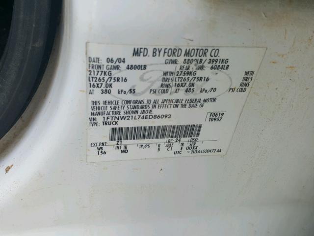 1FTNW21L74ED86093 - 2004 FORD F250 WHITE photo 10