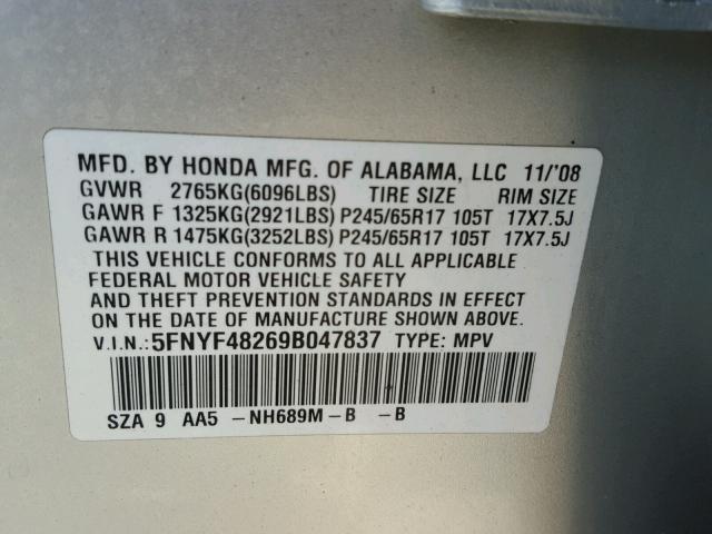 5FNYF48269B047837 - 2009 HONDA PILOT LX SILVER photo 10