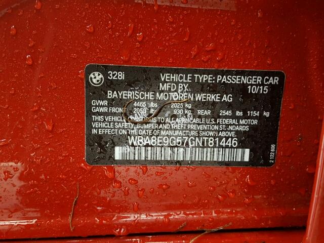 WBA8E9G57GNT81446 - 2016 BMW 328 I SULE RED photo 10